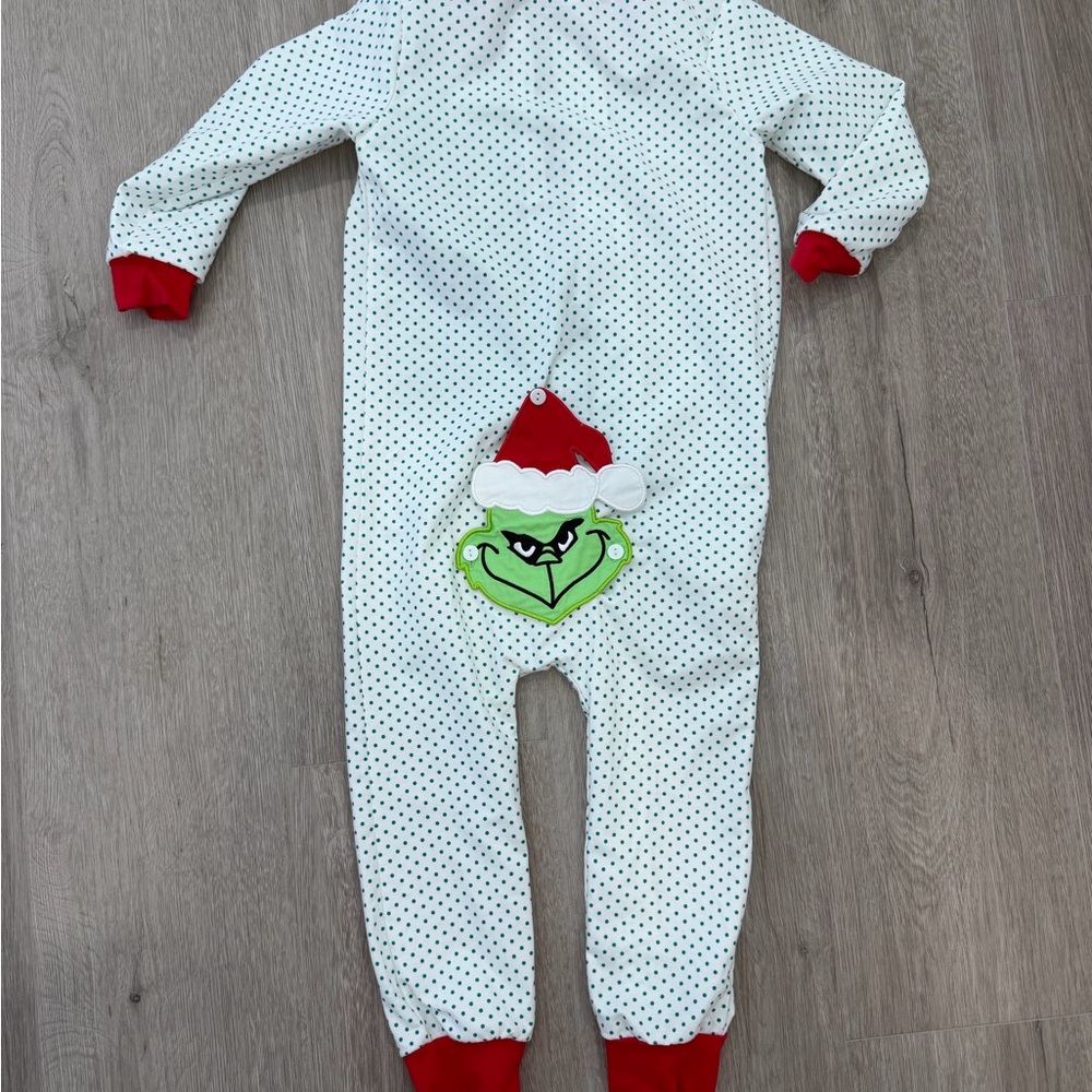 Festive Kids Footie with Green Grinch and Red Accents